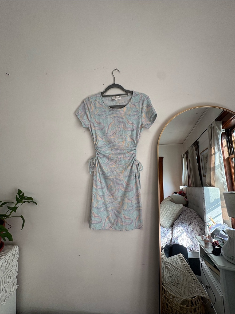 Ruched Side Mini Dress in Pastel Swirl